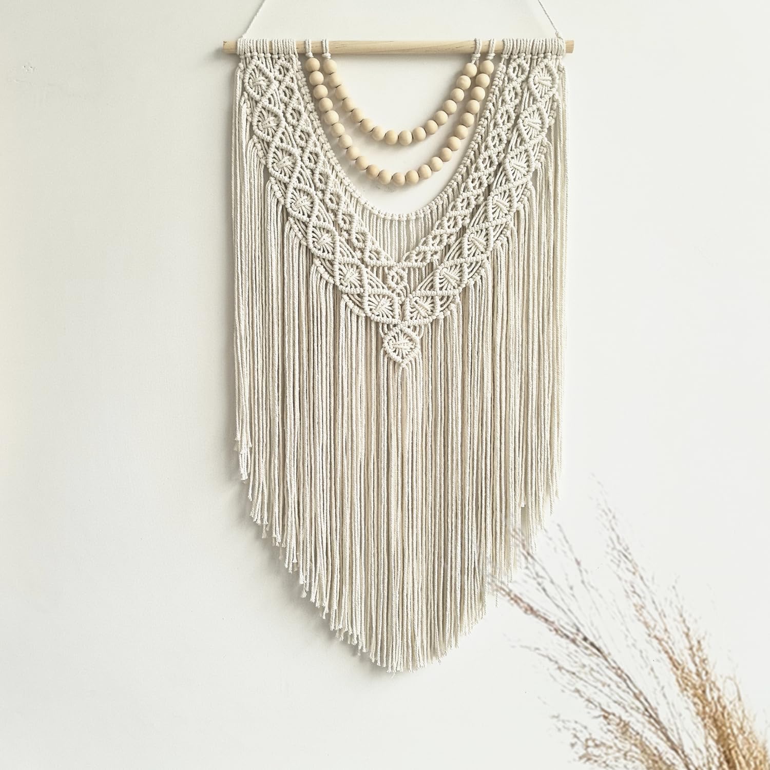 Geometric Woven Wall Hanging With Wood Beads